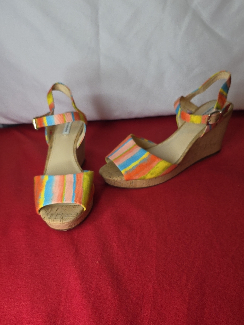 Alex Marie Claramir Rainbow Striped Cork Wedge Sandals - 7M
